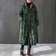 Warm Green Print Parkas For Women Loose Fitting Down Jacket Hooded Pockets Winter Coats