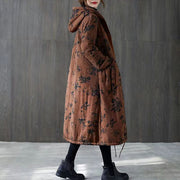 Warm Green Print Parkas For Women Loose Fitting Down Jacket Hooded Pockets Winter Coats