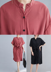 Watermelon Red Button Low High Design Maxi Dress Short Sleeve