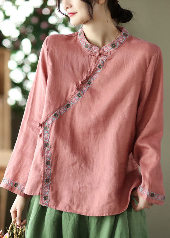Watermelon Red Embroidered Floral Linen Shirt Long Sleeve