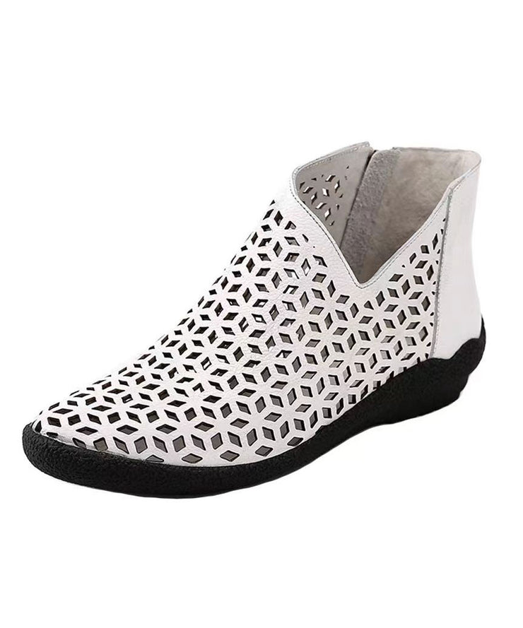 White Ankle Boots Wedge Cowhide Leather Women Splicing Hollow Out