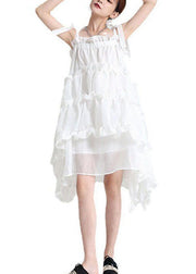White Asymmetrical Design Patchwork Summer Tiered Party Dress Sleeveless - SooLinen