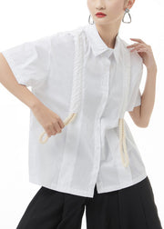 White Baggy Cotton Shirt Top Drawstring Short Sleeve