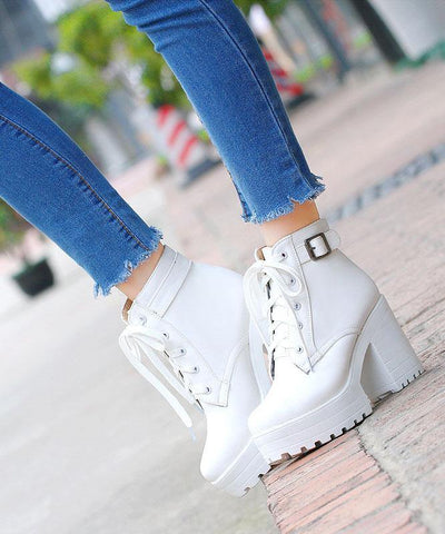 White Boots Cross Strap Chunky Boots - SooLinen