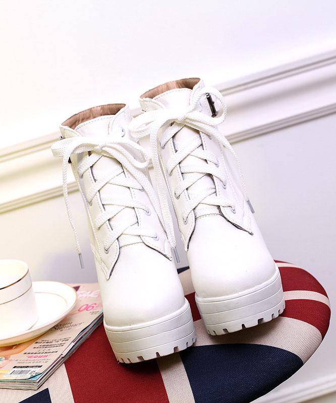 White Boots Cross Strap Chunky Boots - SooLinen