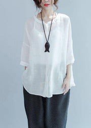 White Button Loose Casual Fall Blouses Three Quarter Sleeve - SooLinen