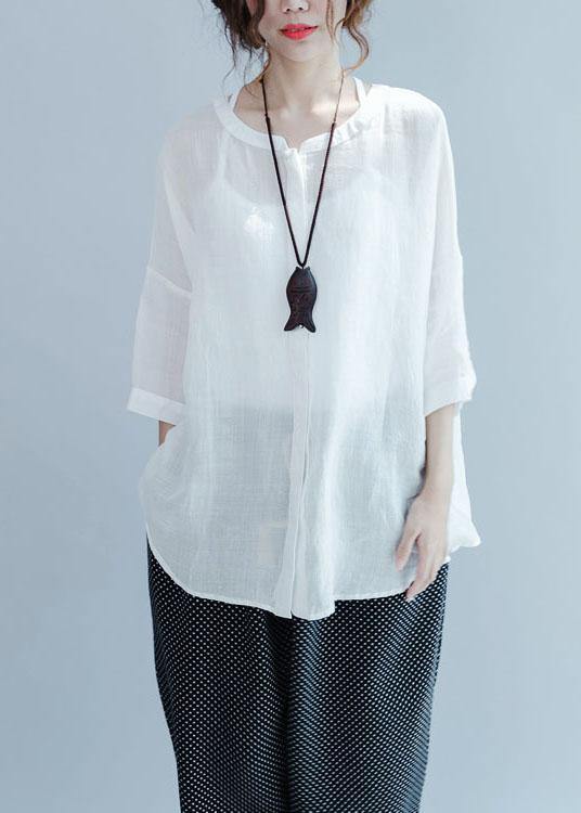 White Button Loose Casual Fall Blouses Three Quarter Sleeve - SooLinen