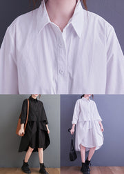 White Button Patchwork Cotton Shirts Dresses Asymmetrical Long Sleeve