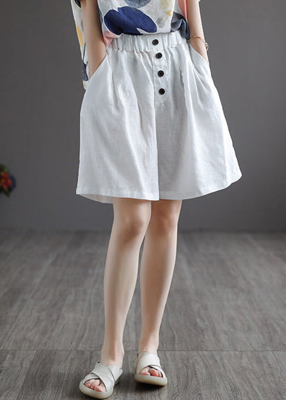 White Button Solid Wide Leg Shorts