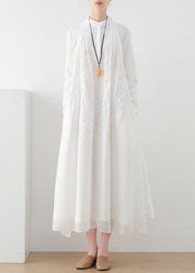 White Chiffon Patchwork Cotton Vacation Dresses Button Long Sleeve