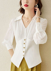 White Chiffon Tops Wrinkled V Neck Hollow Out Long Sleeve