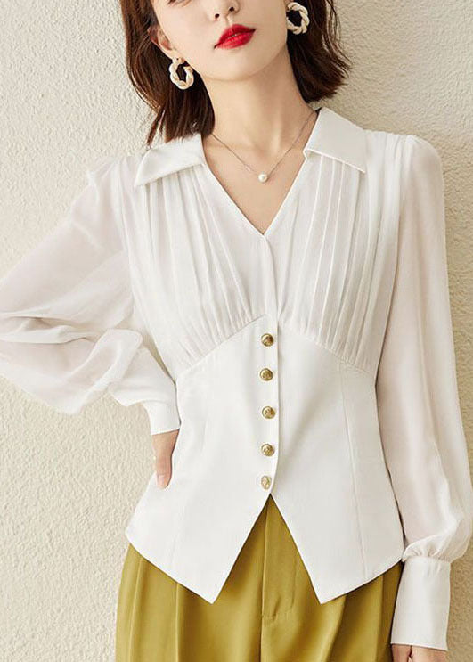 White Chiffon Tops Wrinkled V Neck Hollow Out Long Sleeve