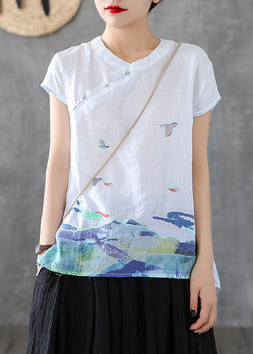 White Chinese Style Cotton Tank Embroidered Stand Collar Short Sleeve