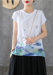 White Chinese Style Cotton Tank Embroidered Stand Collar Short Sleeve