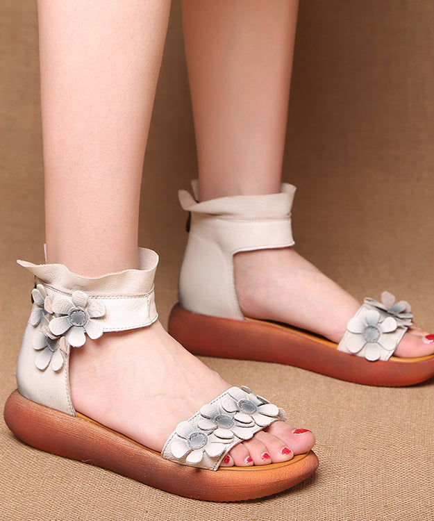 White Chunky Cowhide Leather Splicing Floral Walking Sandals