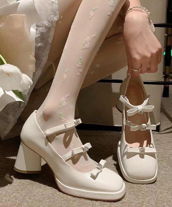White Chunky Heels Cowhide Leather Fashion Splicing Bow