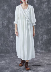 White Cotton Maxi Dresses Tie Waist Wrinkled Summer