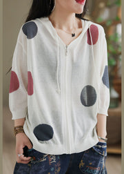 White Dot Print Knit UPF 50+ Coat Jacket Hooded Drawstring Spring
