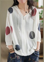 White Dot Print Knit UPF 50+ Coat Jacket Hooded Drawstring Spring