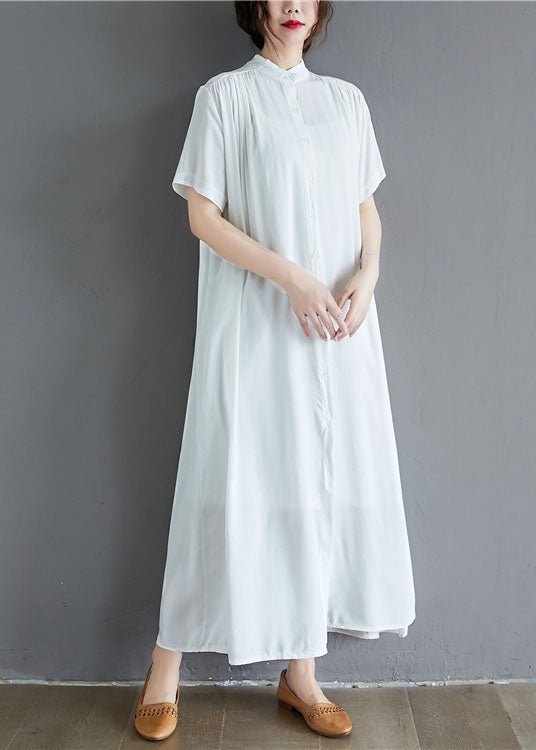 White Draping Cotton Holiday Dress Stand Collar Oversized Summer
