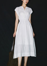 White Elastic Waist Solid Linen Maxi Dress Short Sleeve