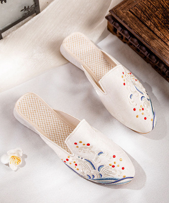 White Embroidered Cotton Fabric Chinese Style Splicing Flat Slide Sandals