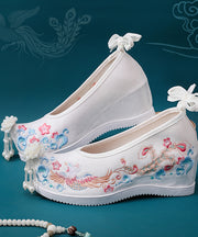 White Embroidered High Heels Shoes Wedge Satin Fabric Beautiful Lace Up High Wedge Heels