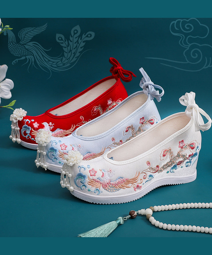 White Embroideried High Heels Shoes Wedge Satin Fabric Beautiful Lace â SooLinen