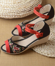 White Embroideried Sandals SplicingBuckle Strap Wedge Sandals - SooLinen