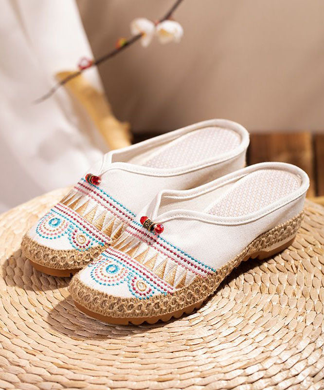 White Embroidered Slide Sandals Retro Splicing Linen Fabric