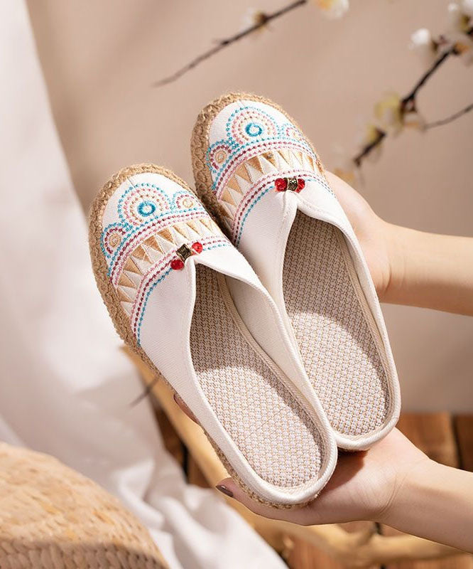White Embroidered Slide Sandals Retro Splicing Linen Fabric