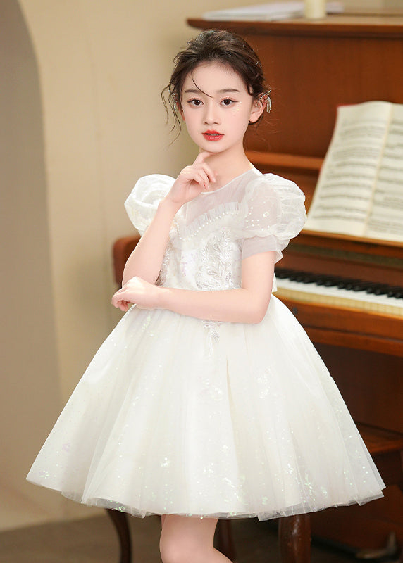 White Embroidered Tulle Baby Girls Party Dress Puff Sleeve Summer