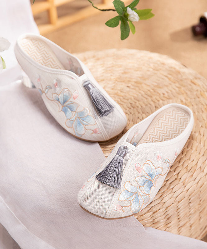 White Flat Slide Sandals Linen Fabric Chic Embroidery Tassel