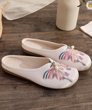 White Flat Slide Sandals Women Cotton Fabric Soft Splicing Embroidered