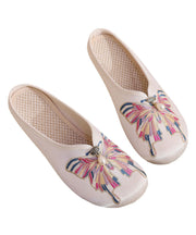 White Flat Slide Sandals Women Cotton Fabric Soft Splicing Embroidered