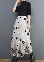 White Floral Embroidered Tulle Skirts High Waist Spring