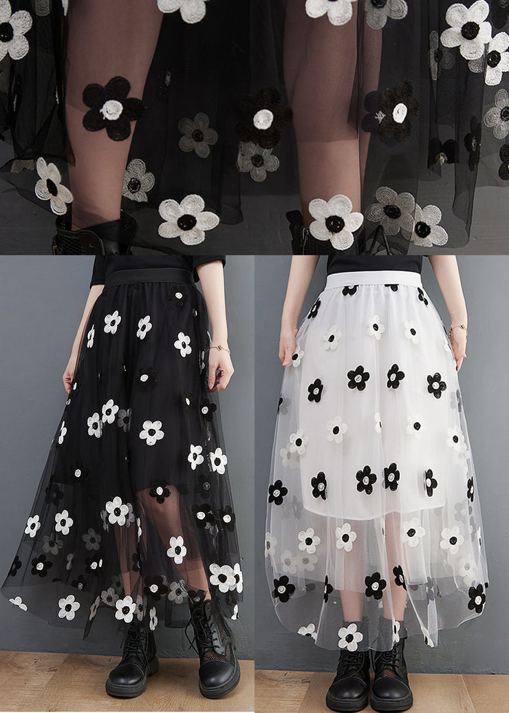 White Floral Embroidered Tulle Skirts High Waist Spring