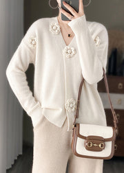 White Floral Embroidery Short Cashmere Knit Cardigan V Neck Spring