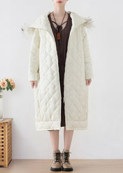 White Fur Collar Zippered Thick Hooded Parka Winter