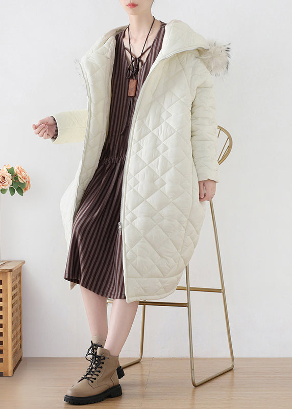 White Fur Collar Zippered Thick Hooded Parka Winter