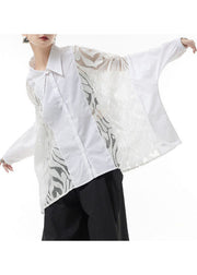 White Hollow Out Blouse Tops Button Batwing Sleeve