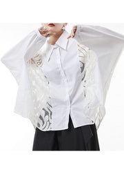 White Hollow Out Blouse Tops Button Batwing Sleeve