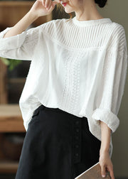 White Hollow Out Cotton Shirts Stand Collar Wrinkled Spring