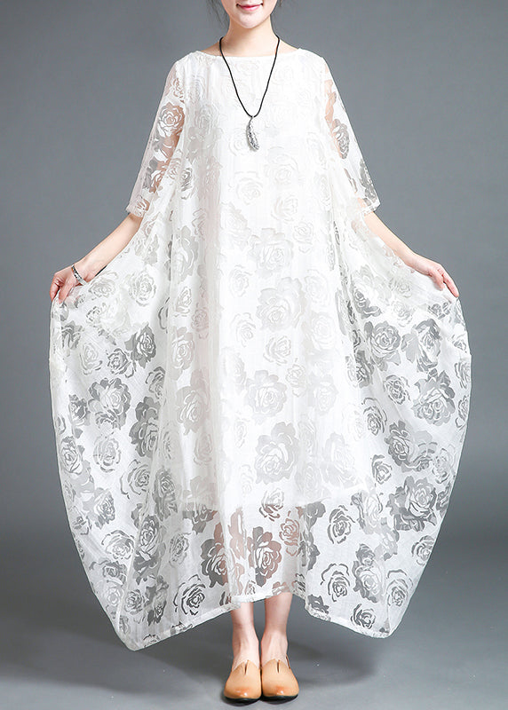 White Hollow Out Lace Vacation Long Dresses Half Sleeve