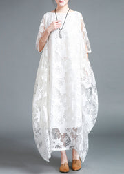 White Hollow Out Lace Vacation Long Dresses Half Sleeve