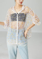 White Hollow Out Tulle UPF 50+ Coat Jacket Hooded Print Summer