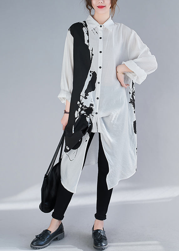 White Inkwash Painting Cotton Dress Asymmetrical Fall