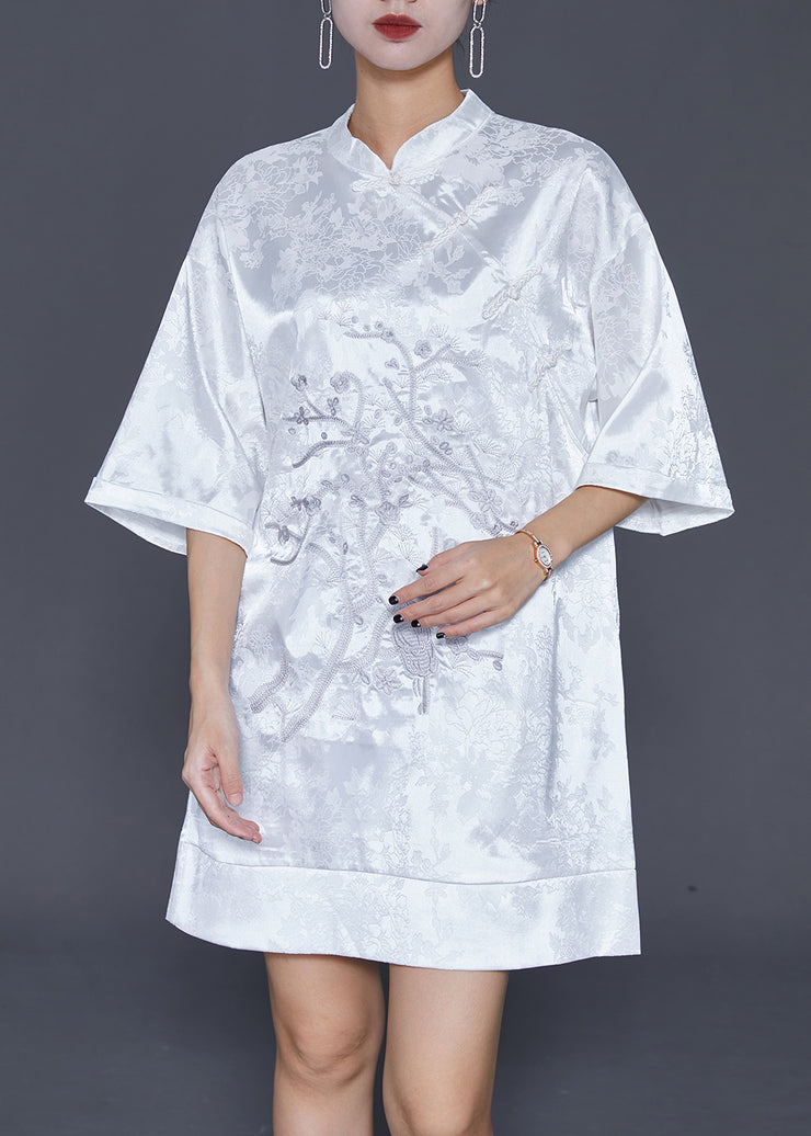 White Jacquard Silk Chinese Style Dress Embroidered Half Sleeve