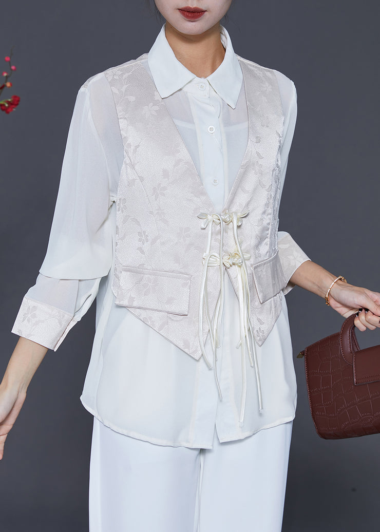 White Jacquard Silk Fake Two Piece Shirt Top Chinese Button Tasseled Fall