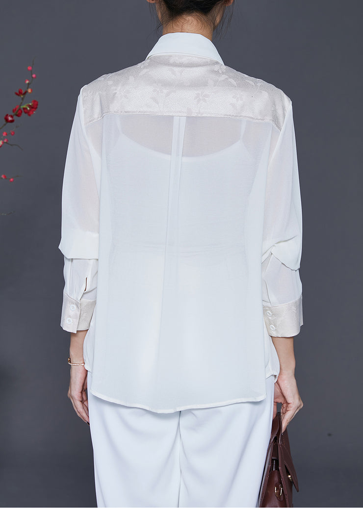 White Jacquard Silk Fake Two Piece Shirt Top Chinese Button Tasseled Fall